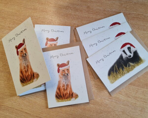 Greetings Card Set of 6 Christmas cards featuring 3 festive badgers and 3 festive foxes