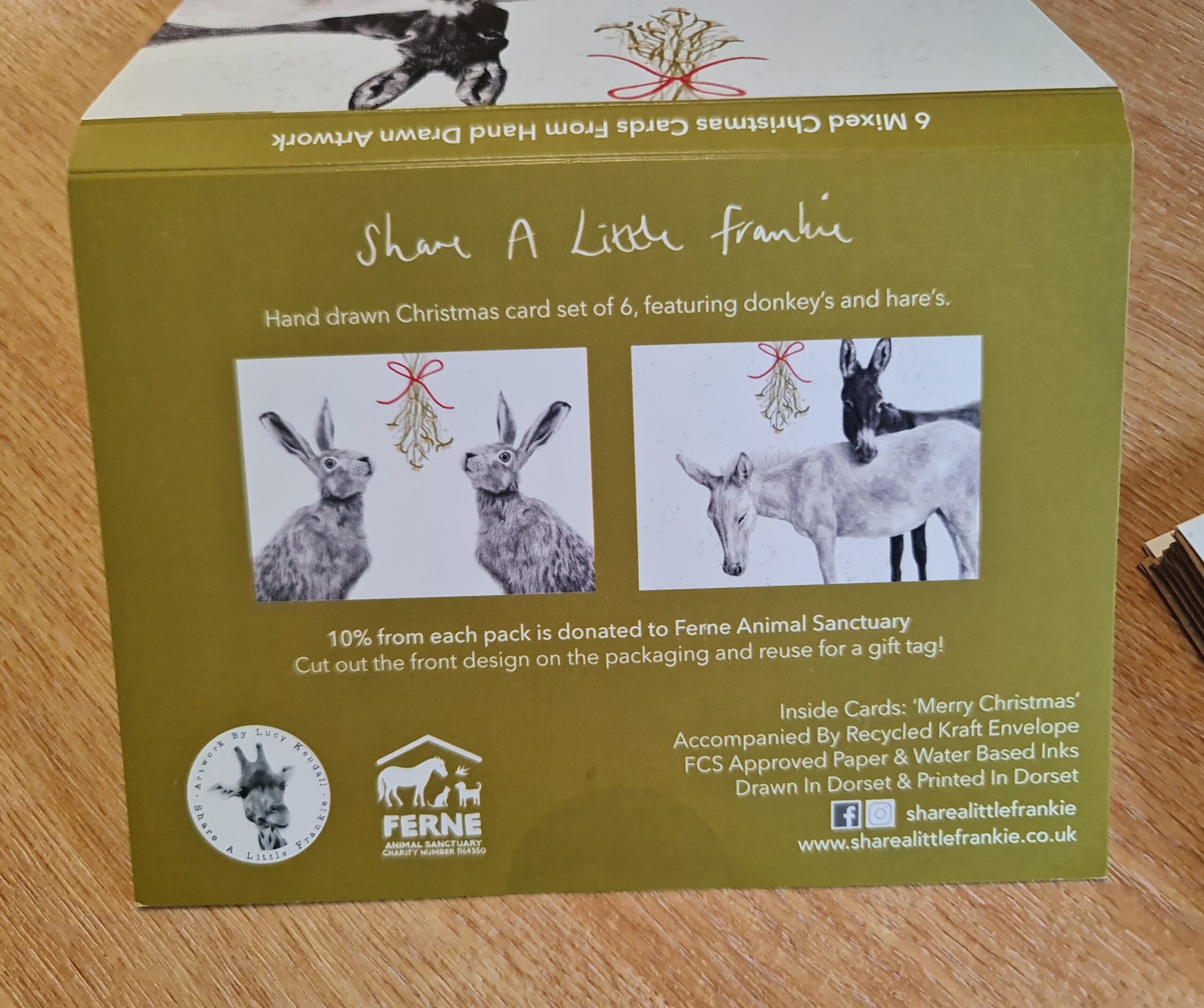 Mistletoe Hare & Donkey - Hand Drawn Eco Christmas Card Pack Of 6 - Image 2